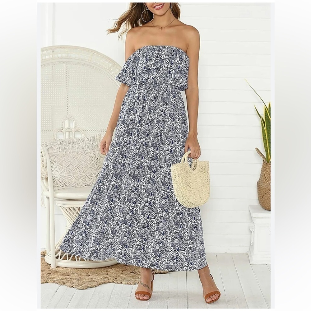 🆕 YIDARTON Strapless Maxi Dress Blue White Floral Ruffle Top Floral Size L - Picture 2 of 10